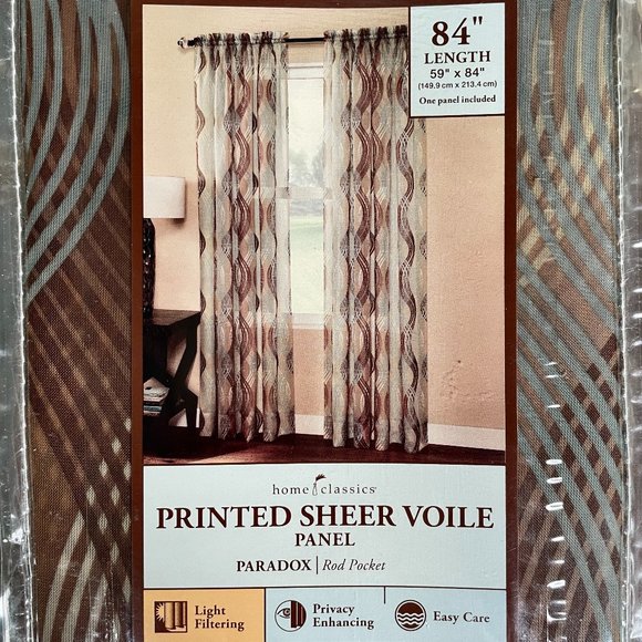 Home Classics Brown & Light Teal Printed Sheer Voile 3 Panels 59” x 84” - Picture 1 of 5